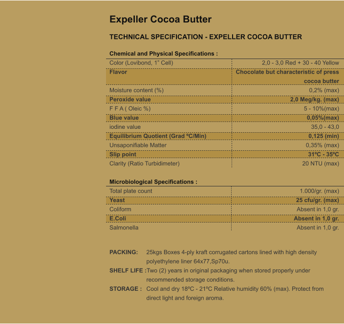 Expeller Cocoa Butter TECHNICAL SPECIFICATION - EXPELLER COCOA BUTTER Chemical and Physical Specifications : Color (Lovibond, 1 Cell) 			 Flavor   Moisture content (%)  Peroxide value 				 F F A ( Oleic %) 				 Blue value 					 iodine value 					 Equilibrium Quotient (Grad C/Min) 	 Unsaponifiable Matter 			 Slip point 					 Clarity (Ratio Turbidimeter) 		  Microbiological Specifications : Total plate count 				 Yeast 						 Coliform 					 E.Coli 						 Salmonella 					   2,0 - 3,0 Red + 30 - 40 Yellow Chocolate but characteristic of press cocoa butter 0,2% (max) 2,0 Meg/kg. (max) 5 - 10%(max) 0,05%(max) 35,0 - 43,0 0,125 (min) 0,35% (max) 31C - 35C 20 NTU (max)   1.000/gr. (max) 25 cfu/gr. (max) Absent in 1,0 gr. Absent in 1,0 gr. Absent in 1,0 gr.   PACKING: 	25kgs Boxes 4-ply kraft corrugated cartons lined with high density  polyethylene liner 64x77,Sp70u. SHELF LIFE :Two (2) years in original packaging when stored properly under  recommended storage conditions. STORAGE : 	Cool and dry 18C - 21C Relative humidity 60% (max). Protect from  direct light and foreign aroma.
