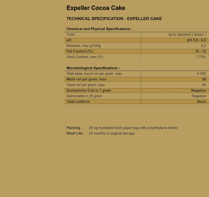 Expeller Cocoa Cake TECHNICAL SPECIFICATION - EXPELLER CAKE  Chemical and Physical Specifications : Color 						 pH 						 Moisture, max g/100g  Fat Content (%) 				 Shell Content, max (%)			  Microbiological Specifications : Total plate count col per gram, max 	 Mold col per gram, max 			 Yeast col per gram, max 			 Escherichia Coli in 1 gram 	 Salmonella in 25 gram 			 Total coliform    				  up to standard ( brown ) pH 5,0 - 6,0 5,0 10 - 12 1,75%   5.000 50 50 Negative Negative None  Packing : 	25 kg multiplied kraft paper bag with polyethylene inside Shelf Life : 	24 months in original storage