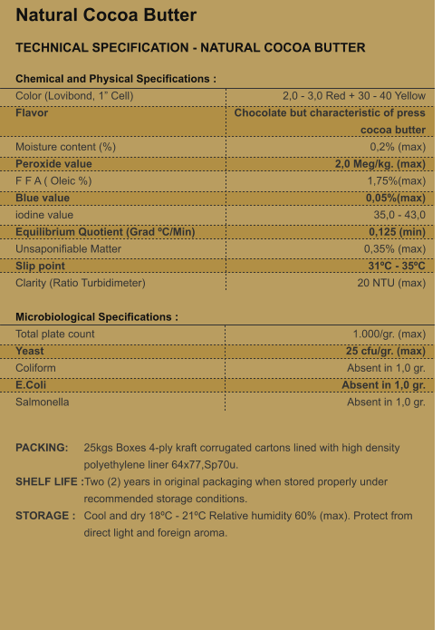 Natural Cocoa Butter TECHNICAL SPECIFICATION - NATURAL COCOA BUTTER  Chemical and Physical Specifications : Color (Lovibond, 1� Cell) 			 Flavor  Moisture content (%) 			 Peroxide value 				 F F A ( Oleic %) 				 Blue value 					 iodine value 					 Equilibrium Quotient (Grad �C/Min) 	 Unsaponifiable Matter 			 Slip point 					 Clarity (Ratio Turbidimeter) 		  Microbiological Specifications : Total plate count 				 Yeast 						 Coliform 					 E.Coli 						 Salmonella 					   2,0 - 3,0 Red + 30 - 40 Yellow Chocolate but characteristic of press cocoa butter 0,2% (max) 2,0 Meg/kg. (max) 1,75%(max) 0,05%(max) 35,0 - 43,0 0,125 (min) 0,35% (max) 31�C - 35�C 20 NTU (max)   1.000/gr. (max) 25 cfu/gr. (max) Absent in 1,0 gr. Absent in 1,0 gr. Absent in 1,0 gr.  PACKING: 	25kgs Boxes 4-ply kraft corrugated cartons lined with high density  polyethylene liner 64x77,Sp70u. SHELF LIFE :Two (2) years in original packaging when stored properly under  recommended storage conditions. STORAGE : 	Cool and dry 18�C - 21�C Relative humidity 60% (max). Protect from  direct light and foreign aroma.